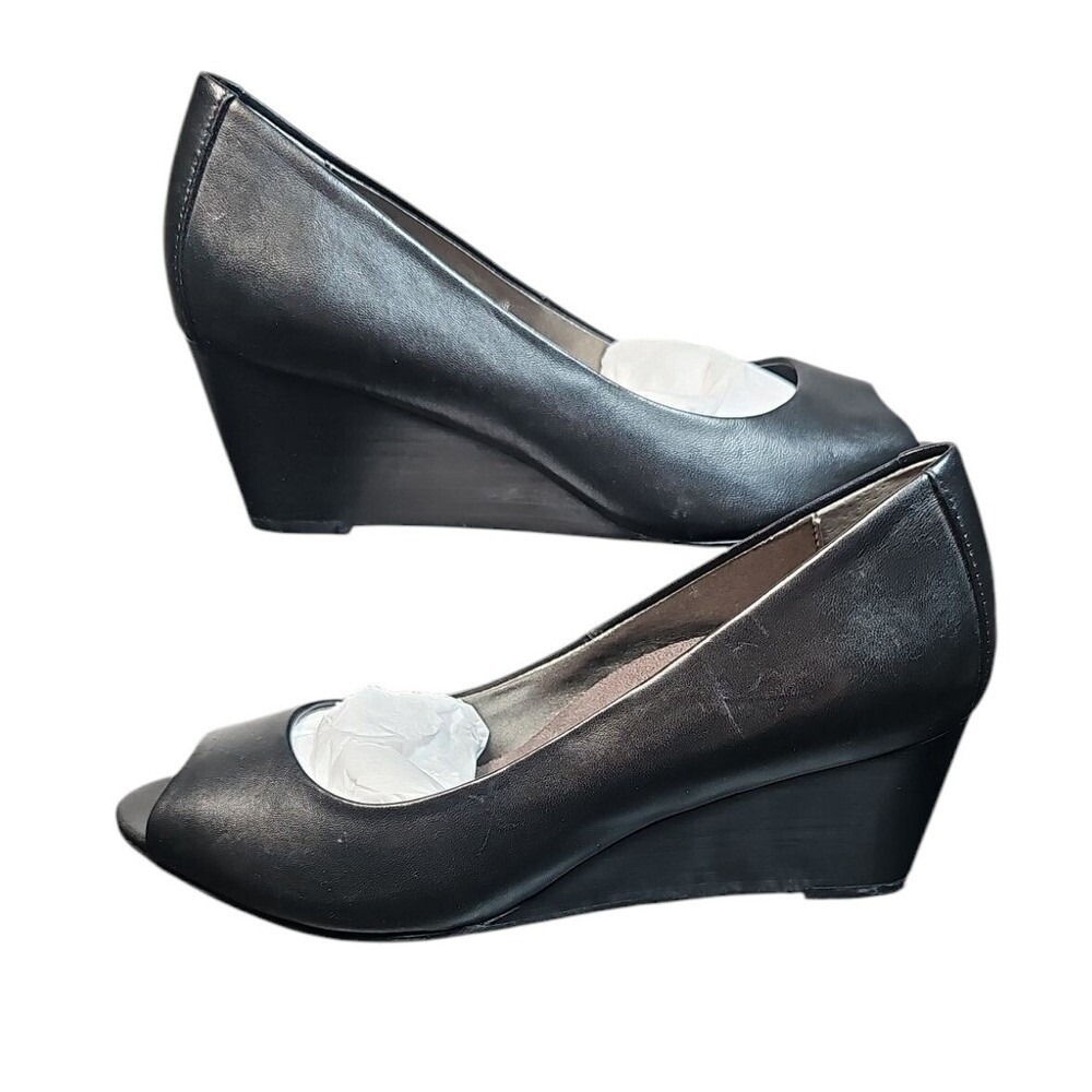 Vionic Proud Bria Peep Toe Wedge Heels Comfortable‎ Black Leather Shoes 7 New